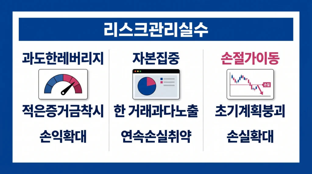 과도한 레버리지, 한 거래의 자본 집중과 손절가 이동이 금 거래 손실을 확대하는 구조를 보여주는 이미지.