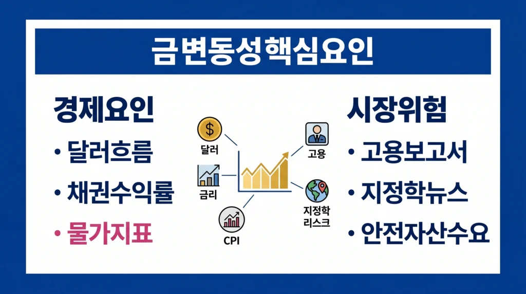 달러, 채권 수익률, 물가 지표, 고용 보고서와 지정학 뉴스가 금 변동성에 미치는 영향을 정리한 이미지.