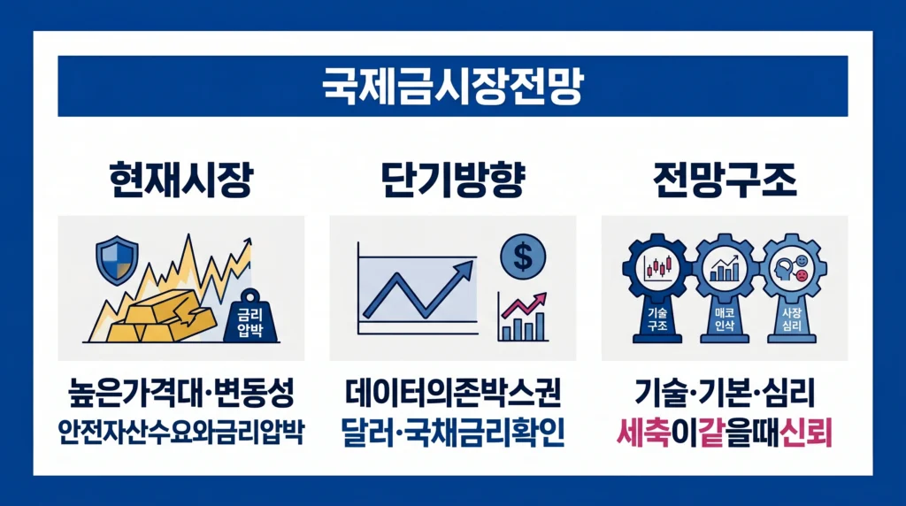 높은 금 가격과 변동성, 달러·국채 금리 및 기술·기본·심리 분석을 결합한 국제 금 전망 이미지.