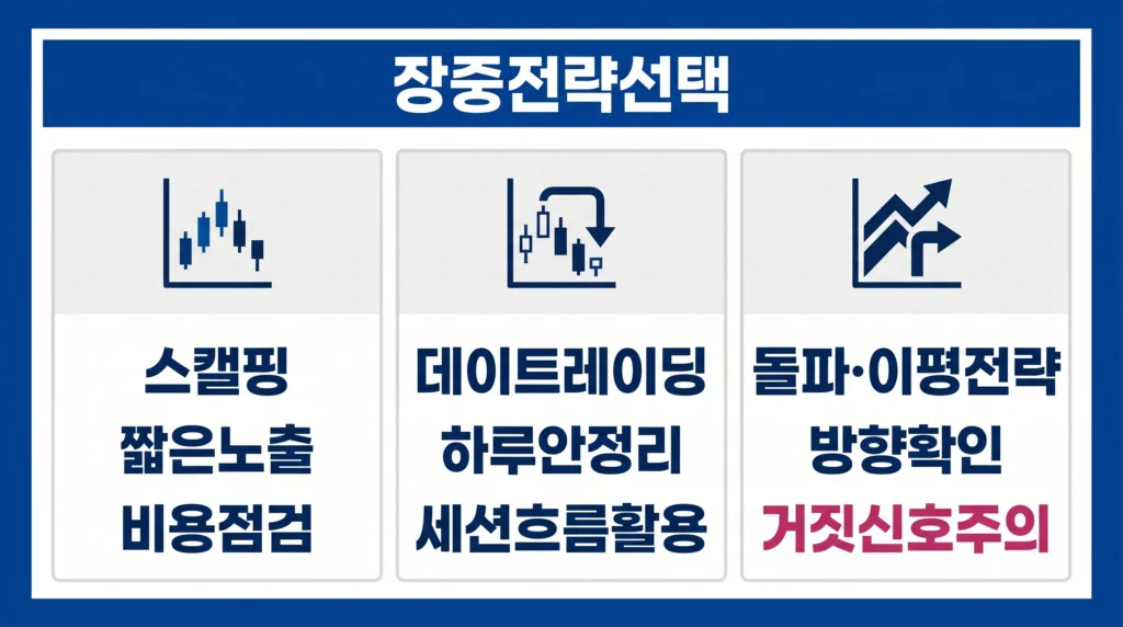 스캘핑, 데이 트레이딩, 돌파와 이동평균 전략을 장중 금 매매 관점에서 비교한 이미지.