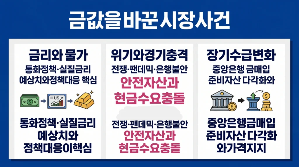 금리, 인플레이션, 전쟁, 팬데믹, 은행 불안과 중앙은행 매입이 금값을 바꾼 경로를 설명한 이미지.