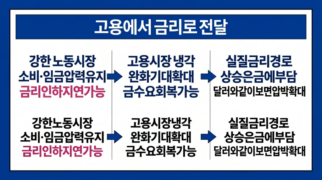 고용시장 강도와 실질금리가 연준의 금리 전망을 거쳐 금 수요에 전달되는 과정을 보여주는 이미지.