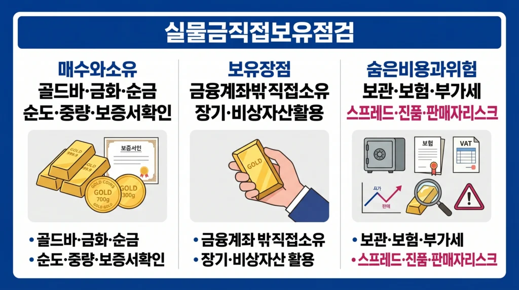 골드바와 금화의 직접 소유 장점, 순도 확인, 보관·보험·세금과 매매 비용을 정리한 이미지.
