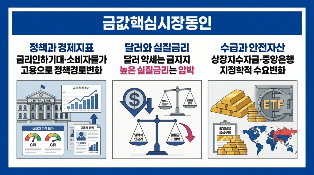 통화정책, 물가, 고용, 달러, 실질 금리와 금 투자 자금이 금값을 움직이는 구조를 설명한 이미지.