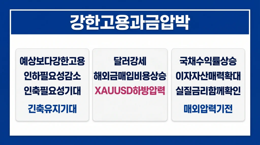 강한 고용지표가 금리 인하 기대를 낮추고 달러와 국채 수익률을 높여 금값을 압박하는 이미지.