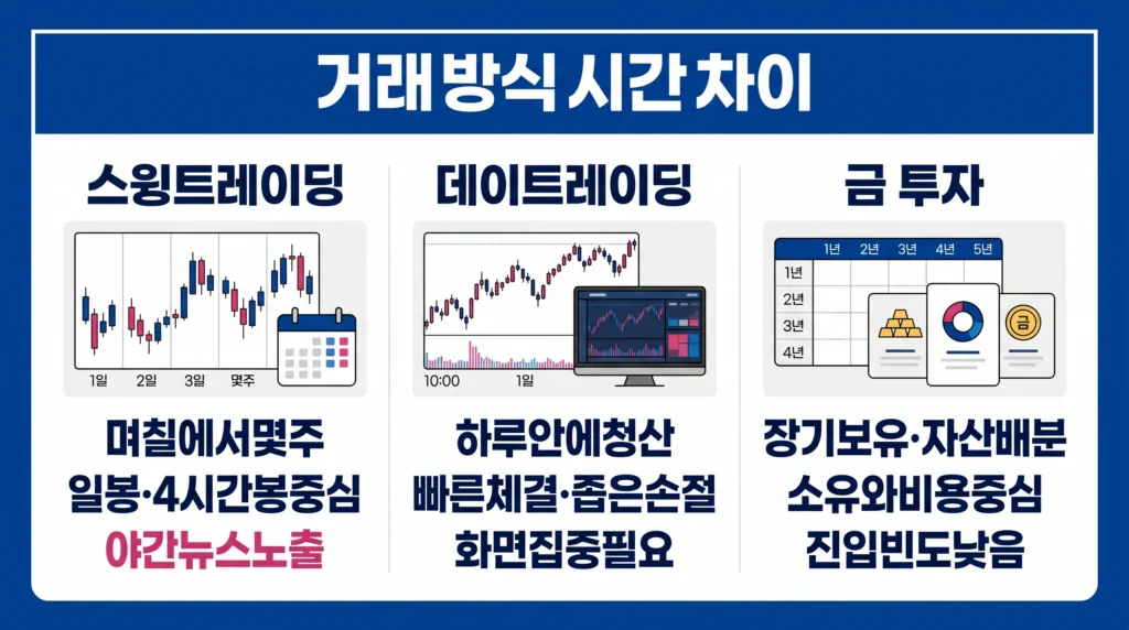금 스윙 트레이딩, 데이 트레이딩과 장기 투자의 보유 기간, 차트 활용과 위험 차이를 비교한 이미지.