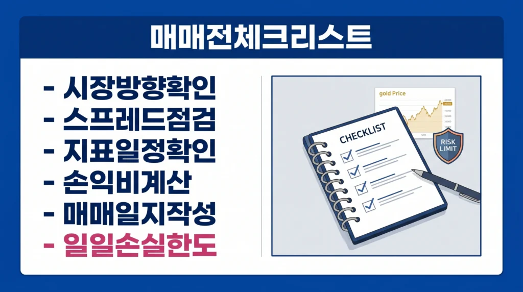 금 스캘핑 전 확인해야 할 시장 방향, 비용, 지표 일정, 손익비, 손실 한도를 정리한 이미지.