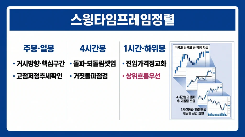 주봉과 일봉으로 방향을 보고 4시간봉으로 셋업, 1시간봉으로 진입을 조정하는 과정을 보여주는 이미지.