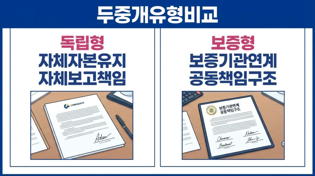 독립형과 보증형 소개 중개업의 자본 요건, 보고 책임, 운영 관계를 비교한 그래픽.