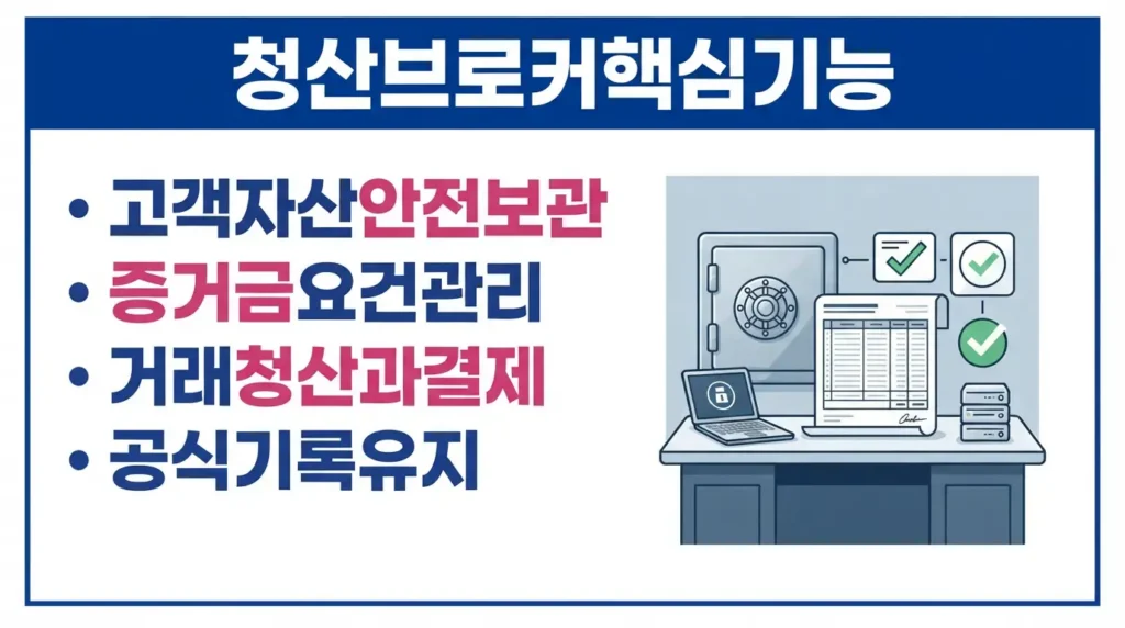 청산 브로커의 자산 보관, 증거금 관리, 거래 결제 기능을 정리한 금융 설명 그래픽.