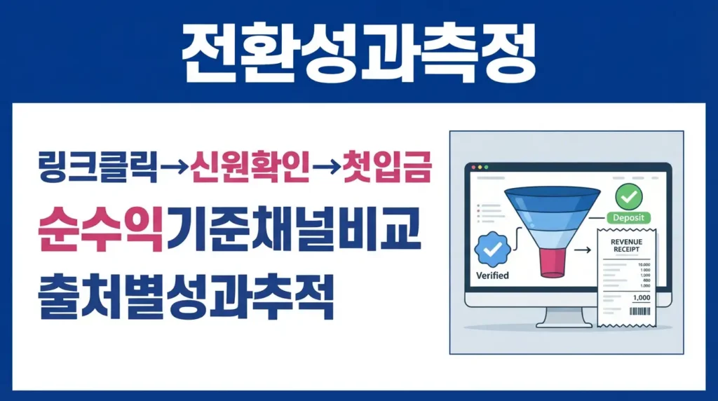 링크 클릭부터 신원 확인과 첫 입금까지의 전환 흐름 및 순수익 측정 기준을 보여주는 그래픽. 