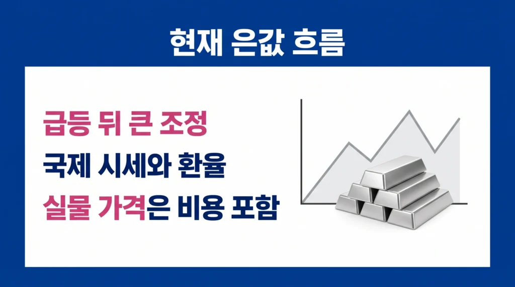 현재 실물 은 가격과 최근 급등·조정 흐름을 설명하는 한국 금융 인포그래픽.