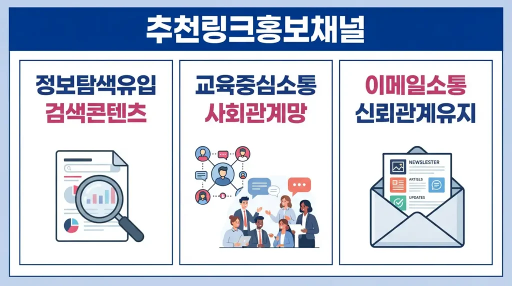 검색 콘텐츠, 사회관계망, 이메일 소통을 활용한 추천 링크 홍보 채널을 정리한 그래픽. 