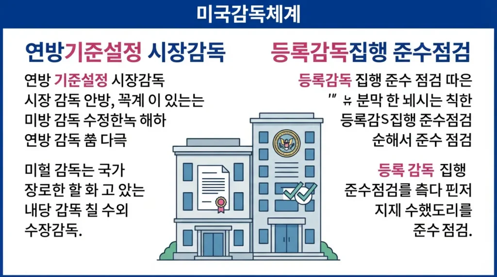 미국의 두 규제 기관이 등록 기준과 준수 감독을 나누어 담당하는 구조를 보여주는 그래픽.