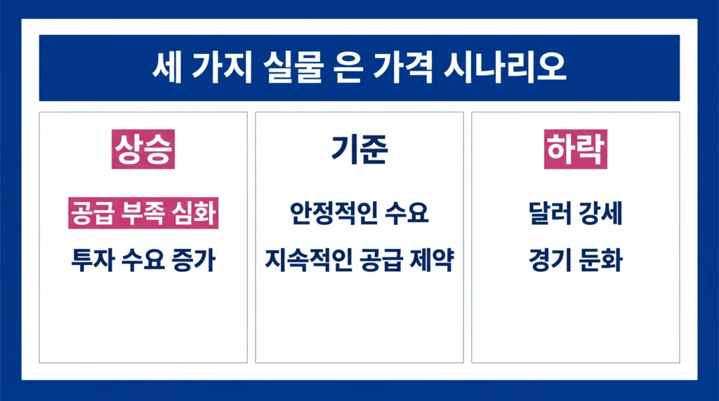 실물 은 가격의 상승, 기준, 하락 세 가지 시나리오를 비교한 금융 인포그래픽.
