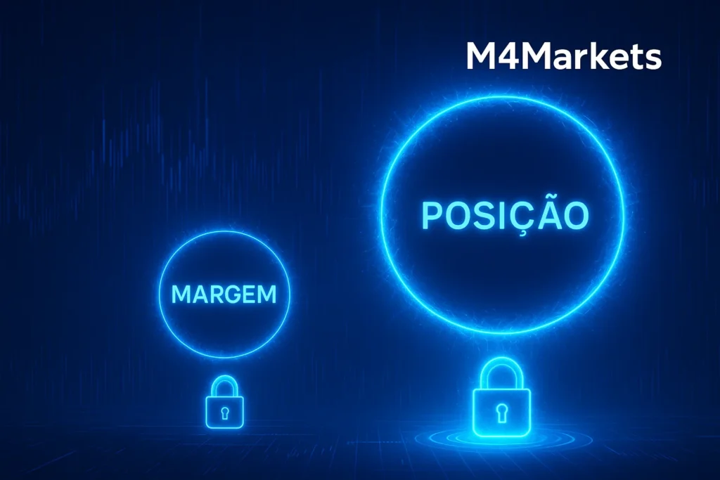 Conceito visual que ilustra como uma pequena "MARGEM" digital desbloqueia uma grande "POSIÇÃO" de mercado, com o logotipo M4Markets.
