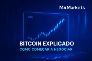 Imagem futurista de negociação de Bitcoin, com um gráfico de velas em alta e o texto "Como Começar a Negociar" no centro.