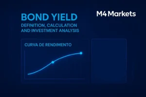 Ilustração de análise financeira mostrando o cálculo do rendimento de títulos e a curva de rendimento em azul neon, simbolizando estabilidade e expertise em investimentos.