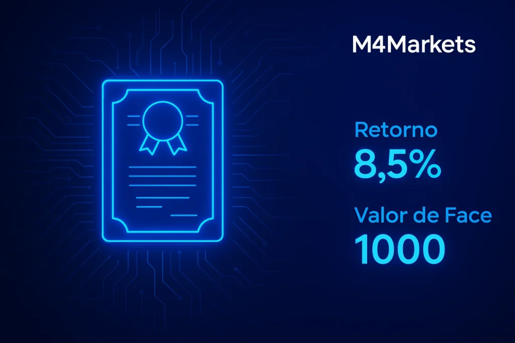 Ilustração futurista de um certificado de título com um cálculo percentual de Retorno, representando a definição do rendimento de títulos.