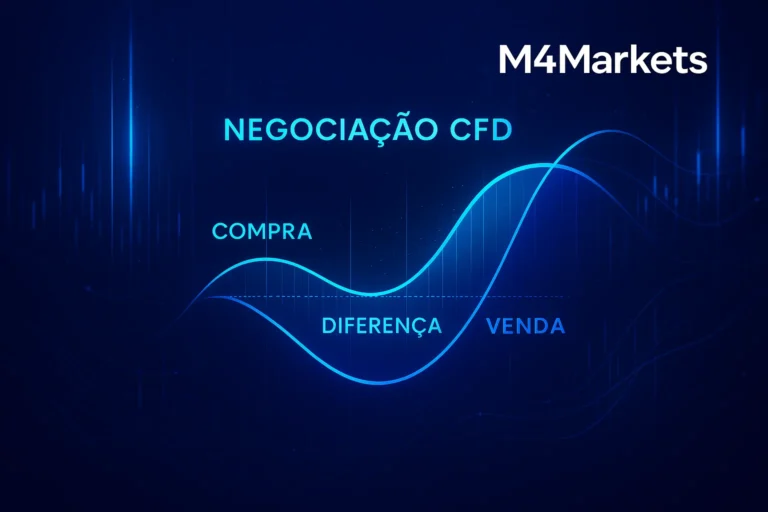 Ilustração futurista e de alta tecnologia sobre Negociação CFD, mostrando o mecanismo Contrato por Diferença com gráficos azuis e conceitos de compra e venda.