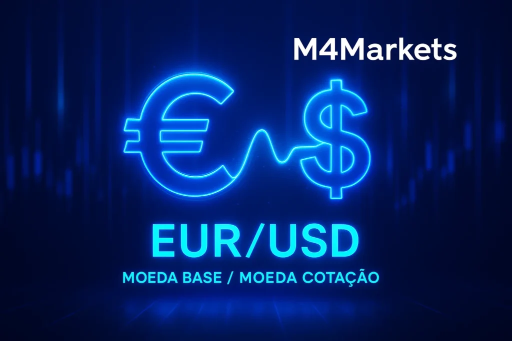 Representação digital futurista do par de moedas EUR/USD, mostrando as moedas base e cotação, em tons de azul néon.