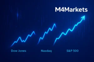 Visualização abstrata e futurista das linhas de desempenho dos índices Dow Jones, Nasdaq e S&P 500 no mercado de ações.