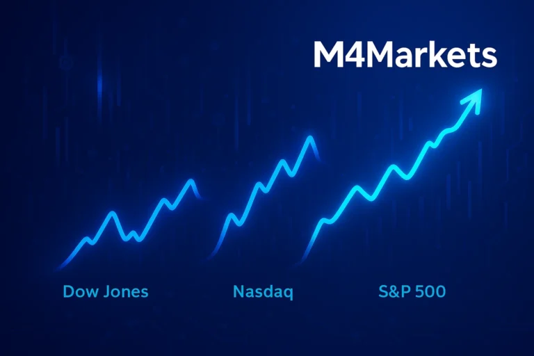 Visualização abstrata e futurista das linhas de desempenho dos índices Dow Jones, Nasdaq e S&P 500 no mercado de ações.