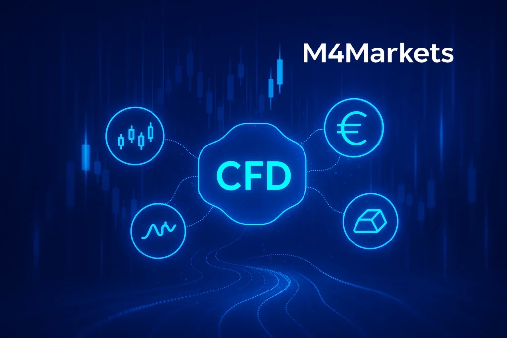 Imagem conceitual sobre os fundamentos de Contrato por Diferença, conectando vários ativos financeiros (ações, moeda, commodities) por uma rede digital.
