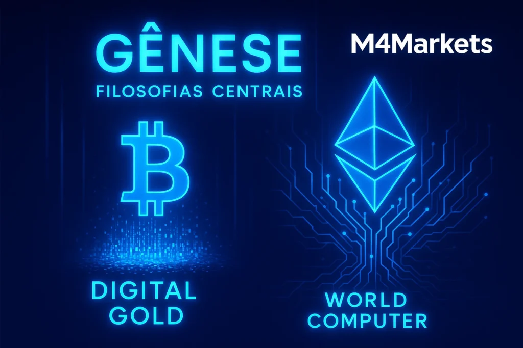 Imagem futurista ilustrando a origem e as filosofias centrais do Bitcoin (Ouro Digital) e do Ethereum (Plataforma).