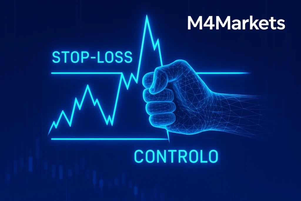 Imagem conceitual sobre "Gestão de Risco", mostrando uma mão digital a controlar a volatilidade de um gráfico dentro de limites de "STOP-LOSS", com o logotipo M4Markets.