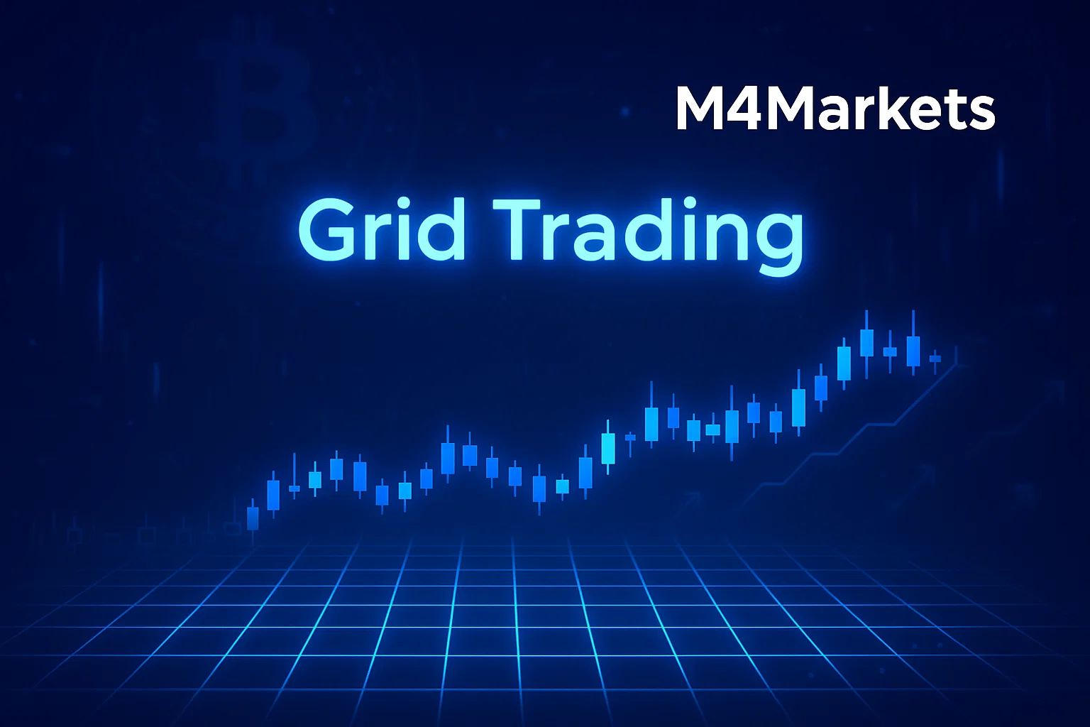 Um diagrama futurista em néon azul de uma estratégia de grid trading, mostrando linhas de compra e venda sobrepostas a um gráfico lateral de preços.