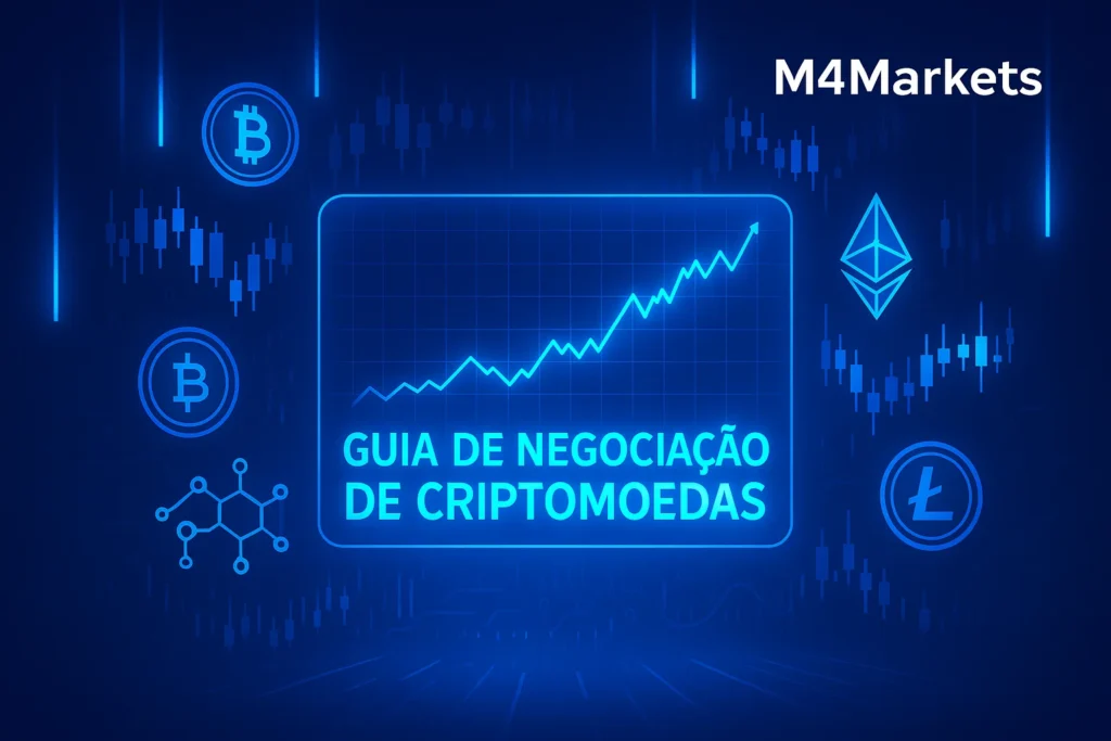 Imagem futurista de um guia completo sobre negociação de criptomoedas, com gráficos em neon azul e o logo M4Markets no topo.