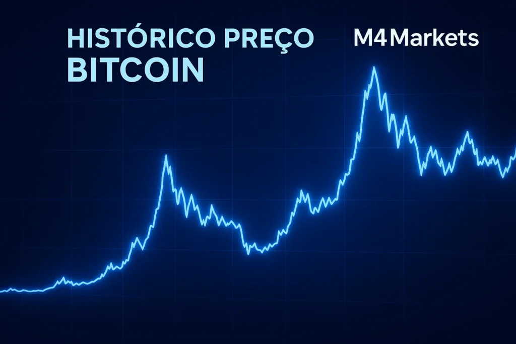 Gráfico futurista em neon azul que ilustra a volatilidade e os marcos do preço histórico do Bitcoin ao longo do tempo