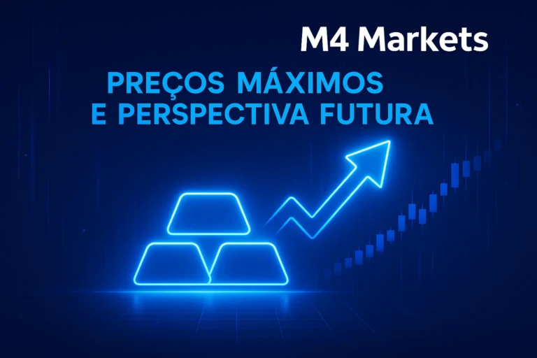 Imagem conceitual futurista sobre investimento em ouro, destacando preços máximos e a perspetiva futura com gráficos em néon azul.