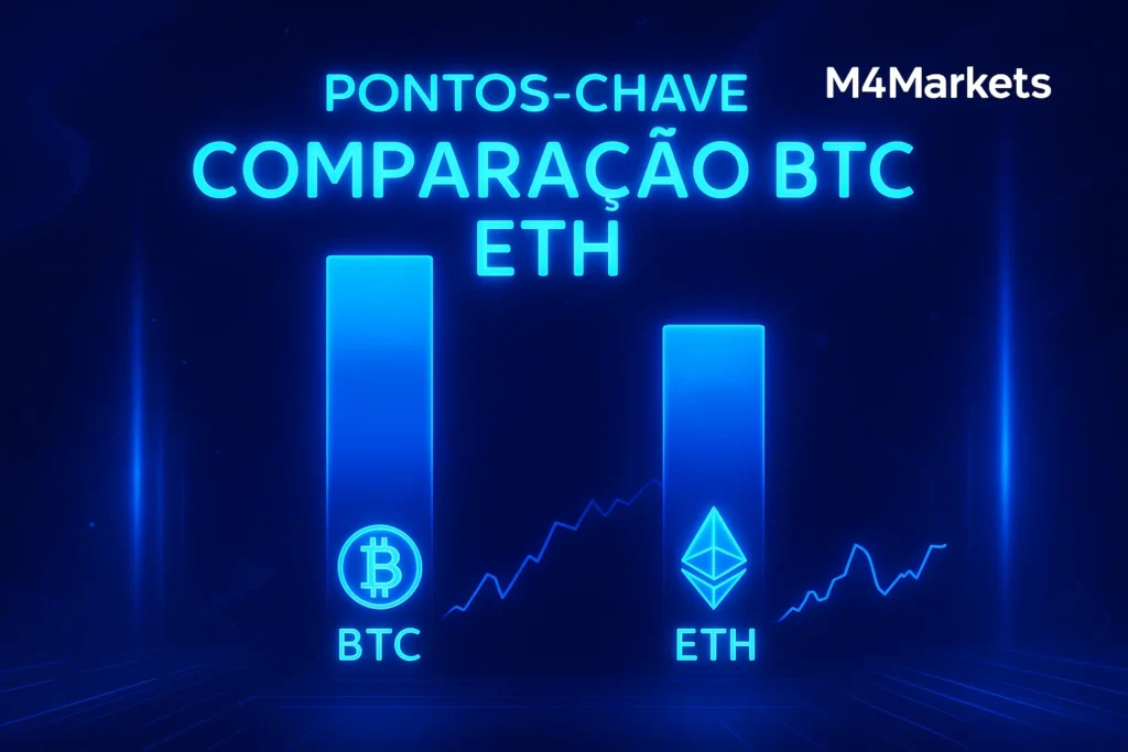 Representação digital e futurista da comparação dos pontos-chave entre Bitcoin e Ethereum.