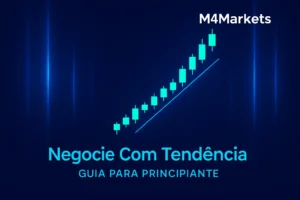 Guia visual e futurista sobre como negociar com a tendência para principiantes, com gráfico de velas limpo, tendência ascendente clara e paleta de cores azuis.