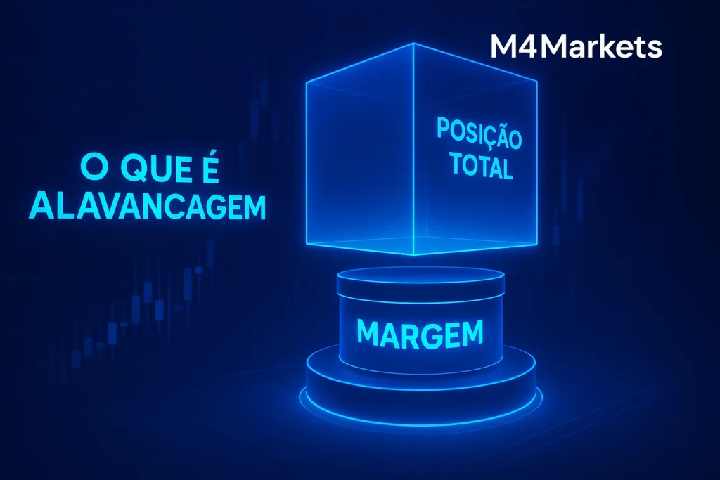 Representação digital e futurista do conceito de alavancagem, ilustrando como uma margem pequena suporta uma posição de mercado maior.