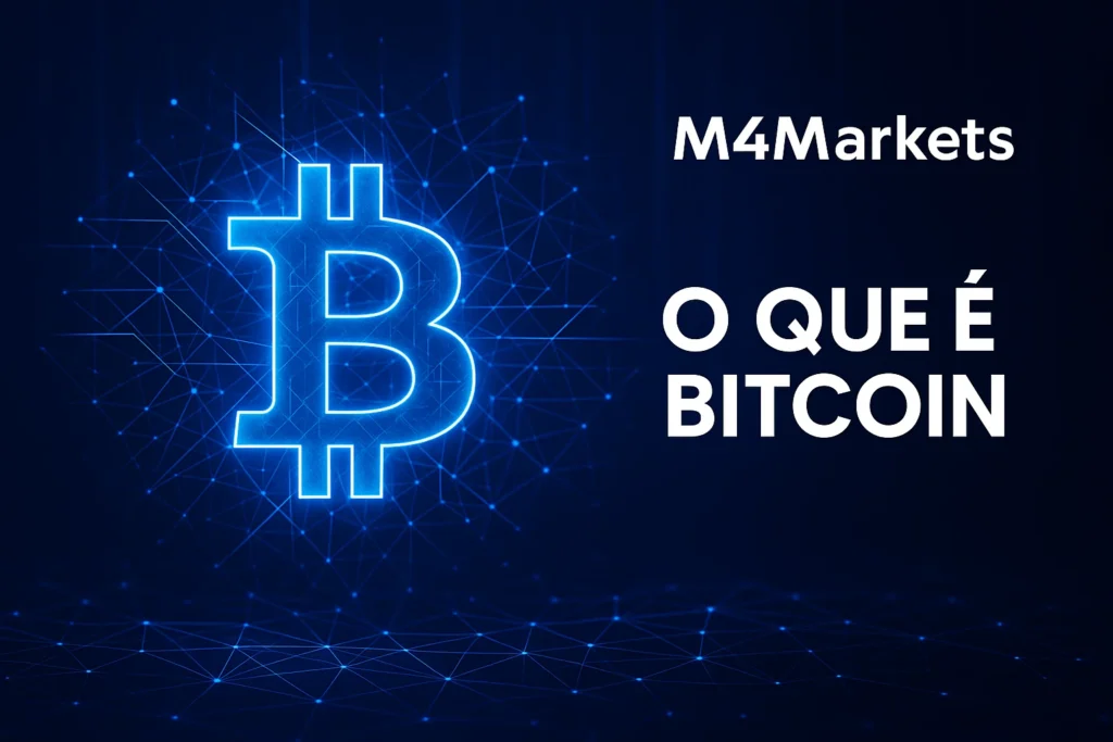 Símbolo futurista do Bitcoin a brilhar no centro de uma rede digital, representando a moeda digital.