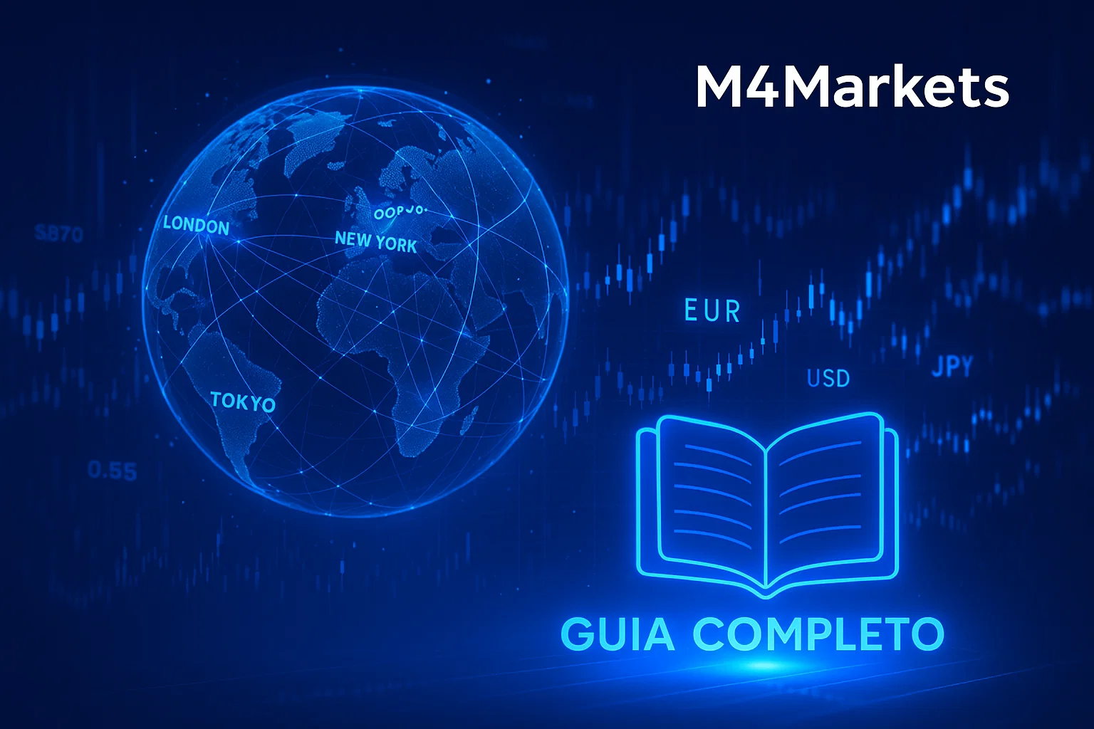 Imagem futurista de uma rede global de negociação de moedas, destacando a frase Guia Completo, com foco no mercado Forex.