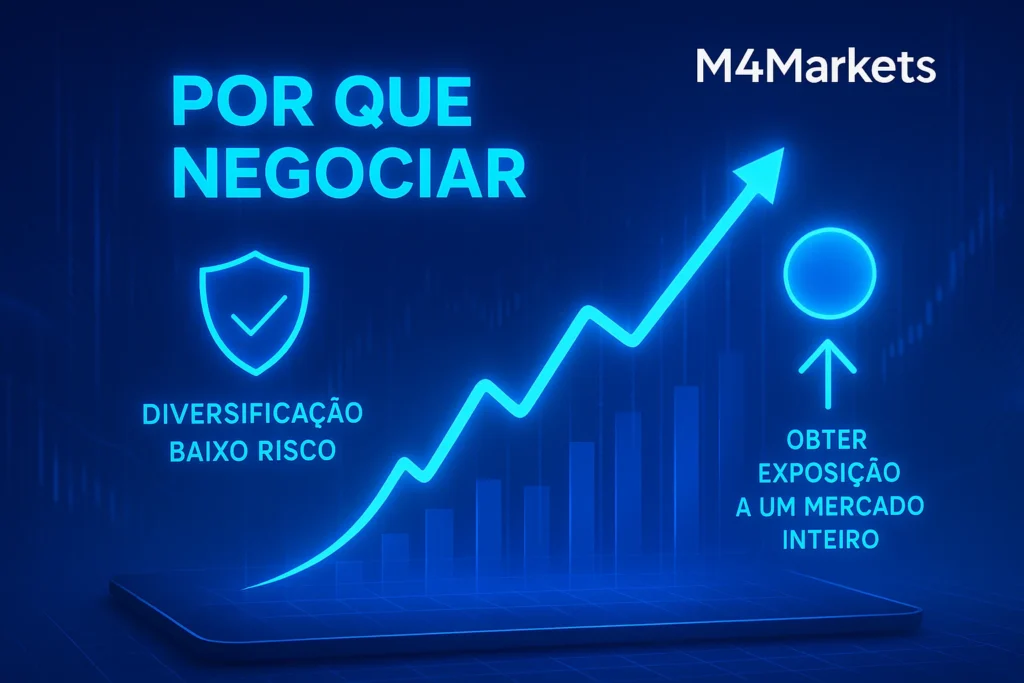 Imagem tecnológica focada nos benefícios da negociação de índices, destacando diversificação e exposição ao mercado com setas e escudos luminosos.