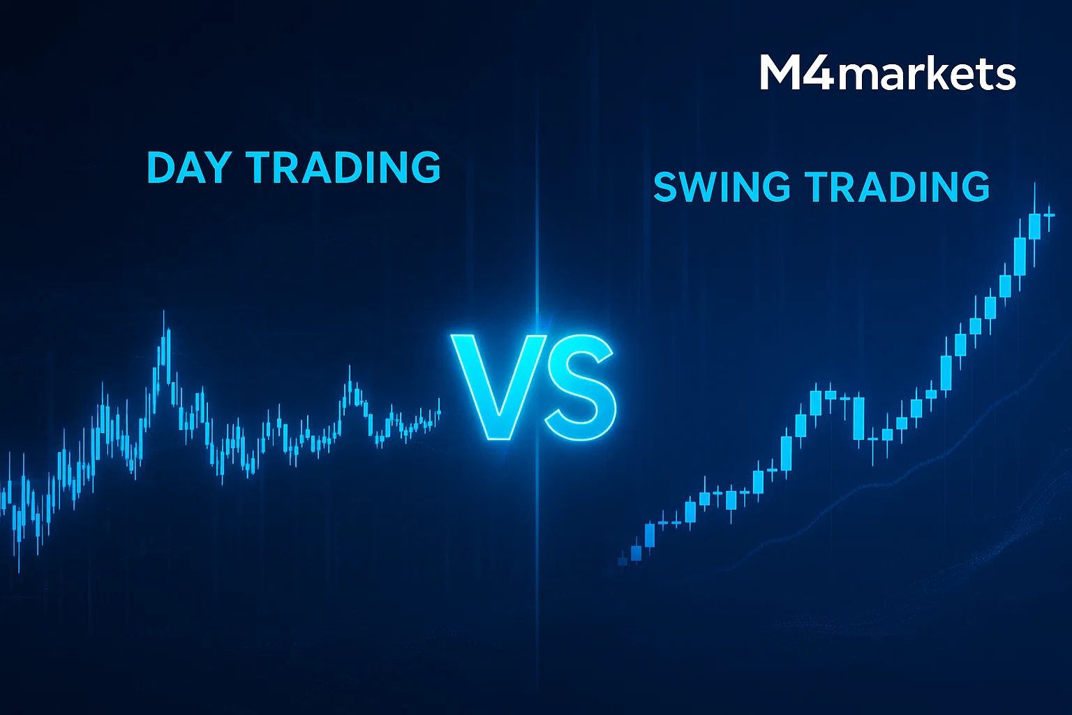 Imagem futurista de contraste mostrando Day Trading (gráficos rápidos) e Swing Trading (tendências longas) lado a lado para ilustrar a diferença.