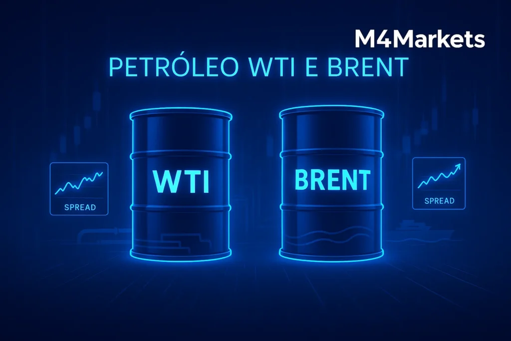 Representação digital e futurista dos barris de petróleo bruto WTI e Brent destacando suas diferenças como benchmarks globais. (119 caracteres)
