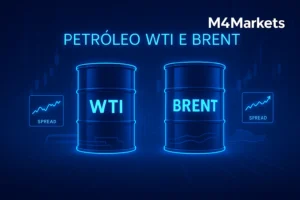Representação digital e futurista dos barris de petróleo bruto WTI e Brent destacando suas diferenças como benchmarks globais. (119 caracteres)