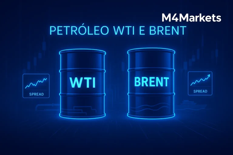 Representação digital e futurista dos barris de petróleo bruto WTI e Brent destacando suas diferenças como benchmarks globais. (119 caracteres)