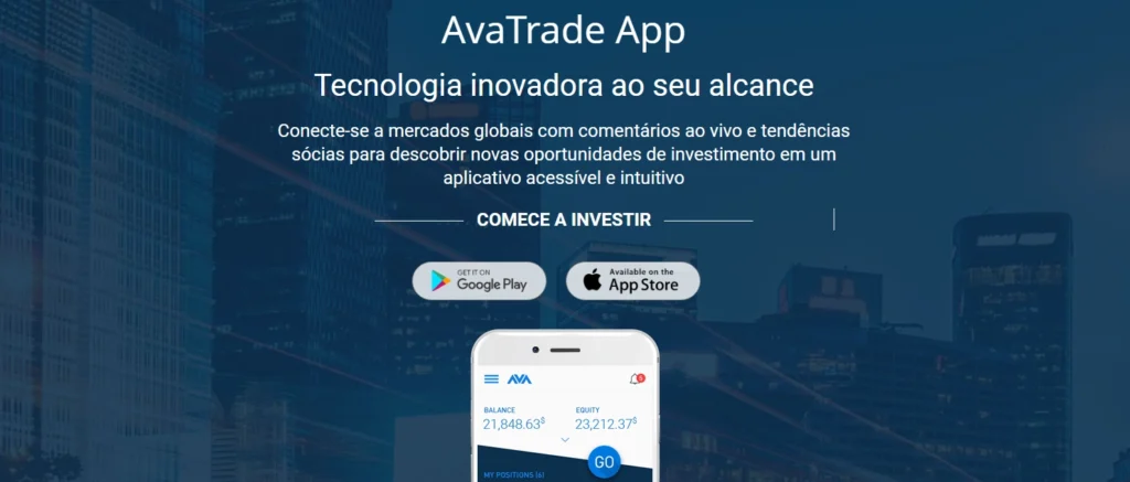 Interface do aplicativo AvaTradeGO no celular, mostrando o recurso de gestão de risco AvaProtect em tempo real.