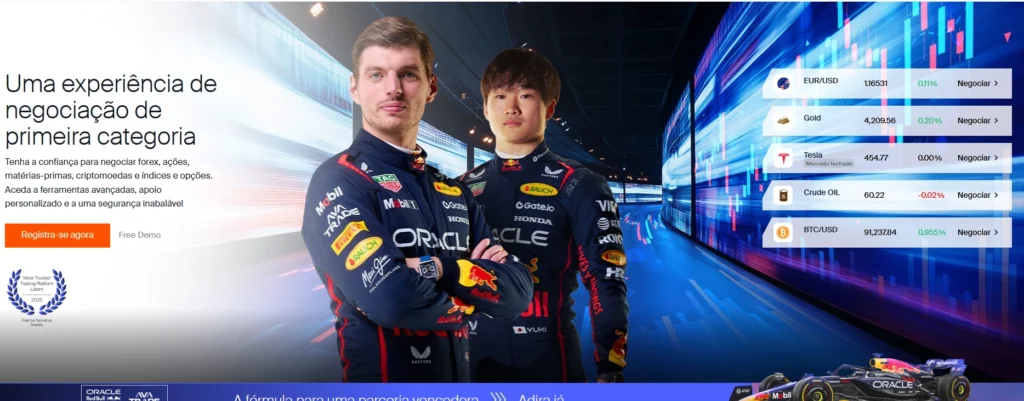 Representação visual da AvaTrade destacando sua regulamentação global e diversas opções de negociação, incluindo negociação automatizada.