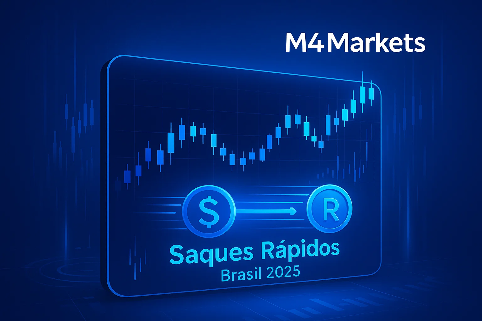 Interface de negociação futurista com gráficos de moedas em tons de azul néon, representando corretoras Forex com saques rápidos no Brasil. O logotipo M4Markets está no canto superior direito.