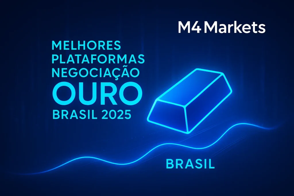 Melhores plataformas para negociação de ouro no Brasil em 2025, apresentando um lingote de ouro digital e gráficos futuristas azuis.