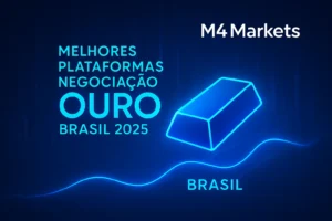 Melhores plataformas para negociação de ouro no Brasil em 2025, apresentando um lingote de ouro digital e gráficos futuristas azuis.