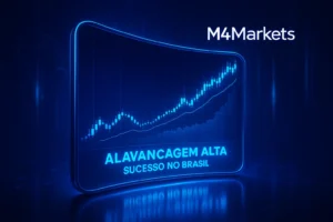 Imagem de negociação futurista em azul neon, destacando o sucesso e o uso de alta alavancagem para traders no Brasil.